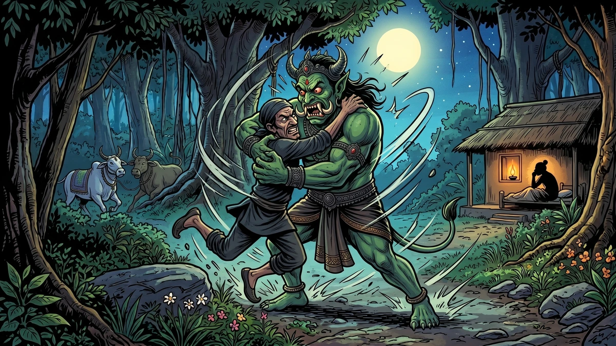 The demon and thief physically brawl in the moonlit forest clearing as a lamp flickers on in the Brahmin's hut — ACK illustration