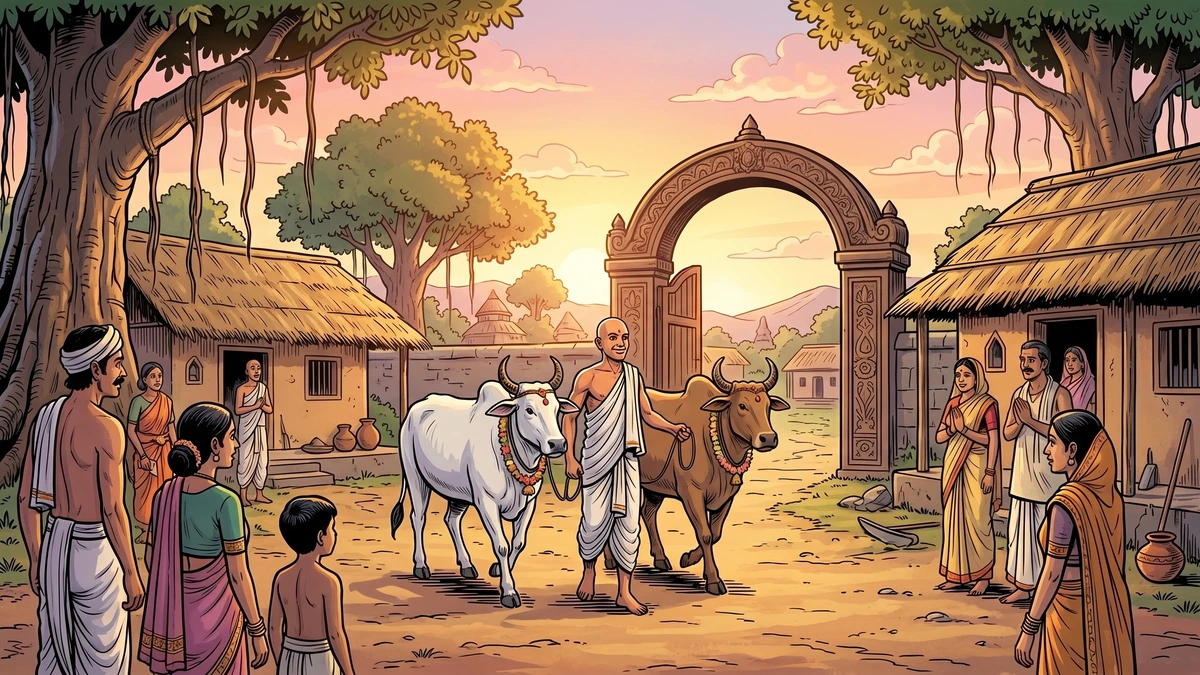 At dawn the triumphant Brahmin leads his two bulls safely home through the village gate as admiring villagers look on — ACK illustration