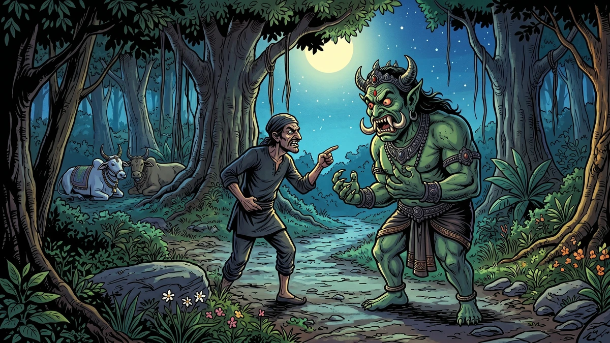 A cunning thief and a fearsome green demon argue on a moonlit forest path over who goes first — ACK Indian comic style
