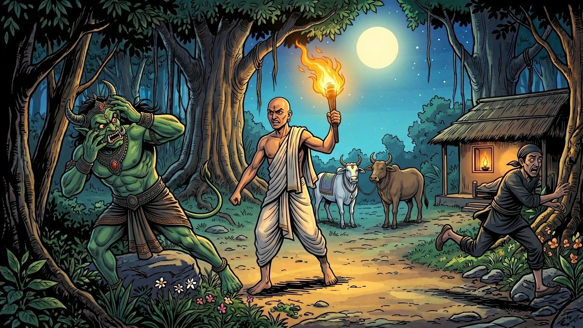 The Brahmin emerges with a blazing torch driving the recoiling demon and fleeing thief away, his two bulls calm behind him — ACK comic style