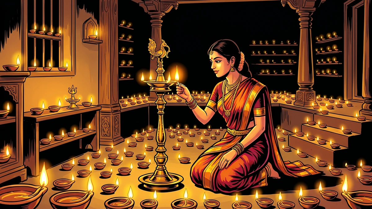 Sugunî lights a thousand oil lamps in her home — Light Makes Prosperity Tamil folk tale illustration