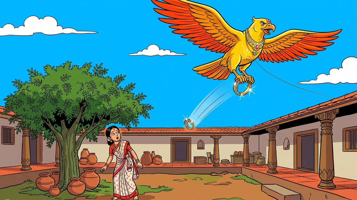 A garuda drops the king's ring into Sugunî's courtyard — Light Makes Prosperity story