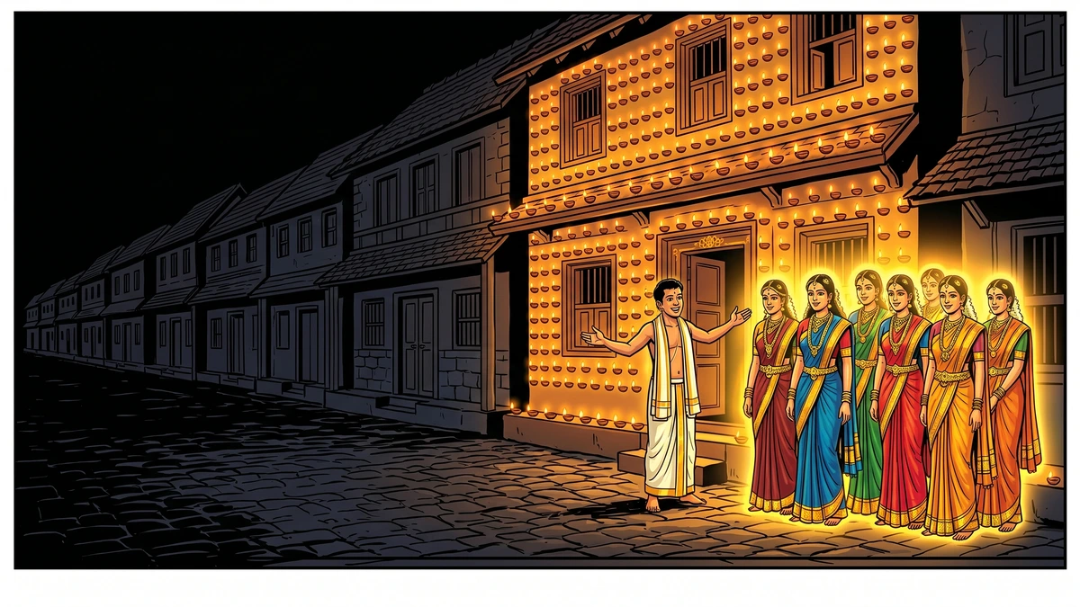 The Eight Prosperities approach the only lamplit house on a dark street — Light Makes Prosperity