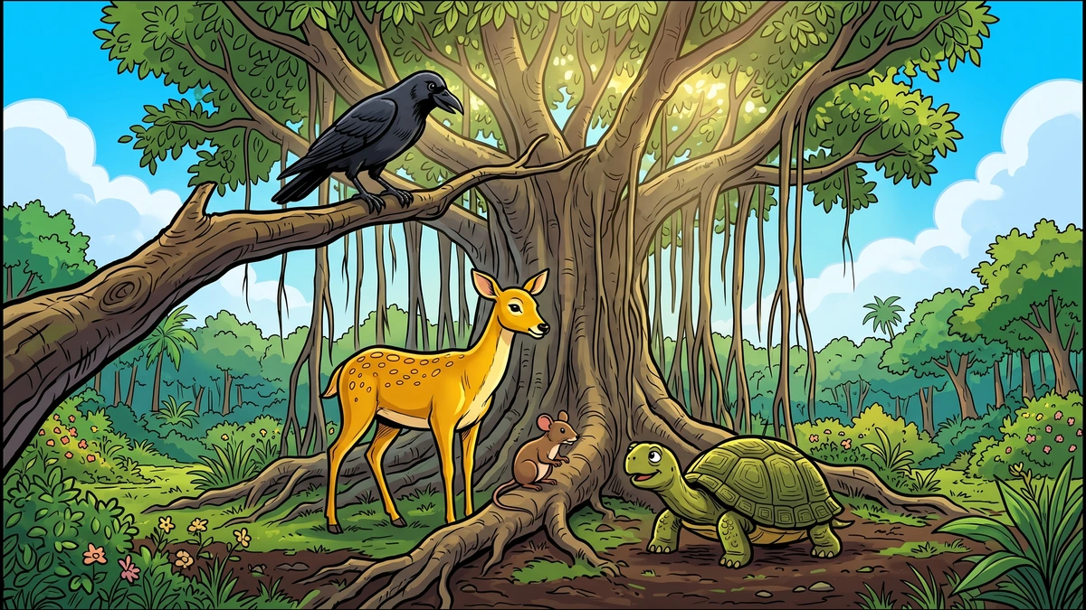 Four animal friends gather under a banyan tree — Panchatantra Meeting a New Friend