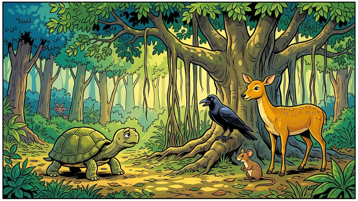 A green tortoise approaches a crow, a deer and a mouse in a forest clearing