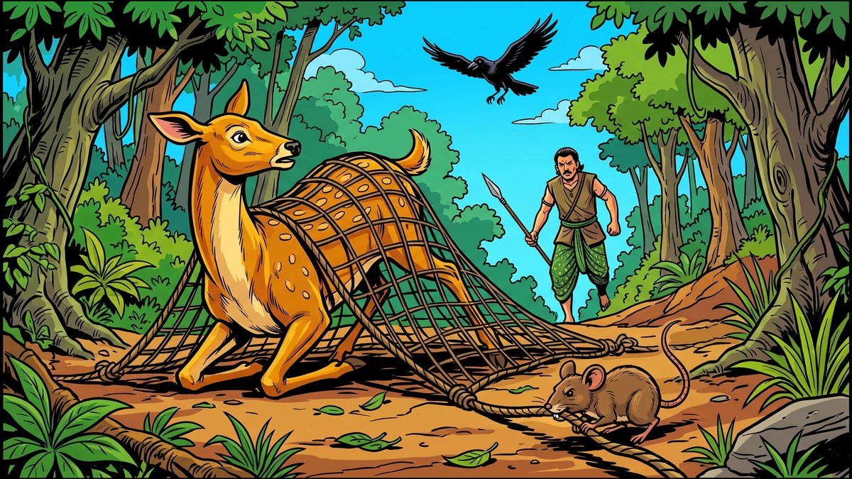 A golden deer trapped in a hunter's net while a mouse gnaws the cords and a crow circles overhead