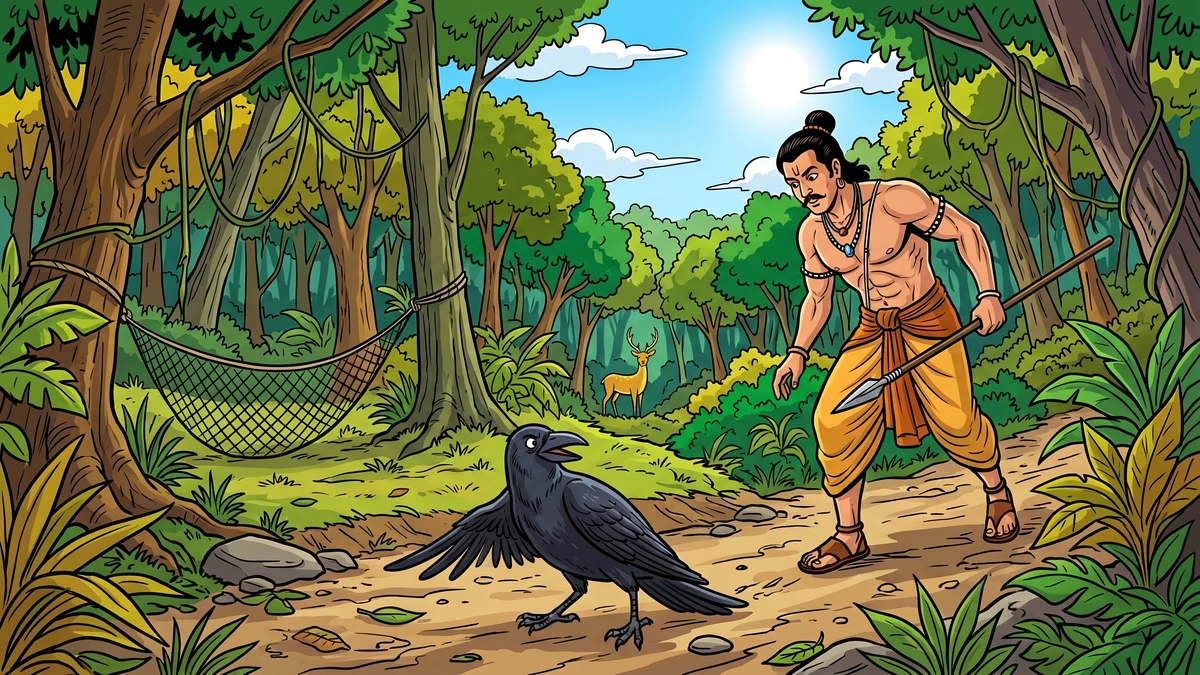 Four Panchatantra friends — crow, deer, mouse and tortoise — joyfully reunite under a banyan tree