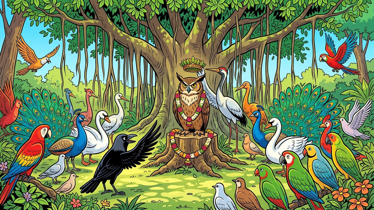 Crow king Meghavarna presides over a bird assembly as owls circle overhead — ACK Panchatantra illustration