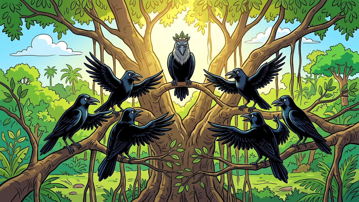 Crow ministers debate strategy in council beneath a great banyan tree — ACK Panchatantra