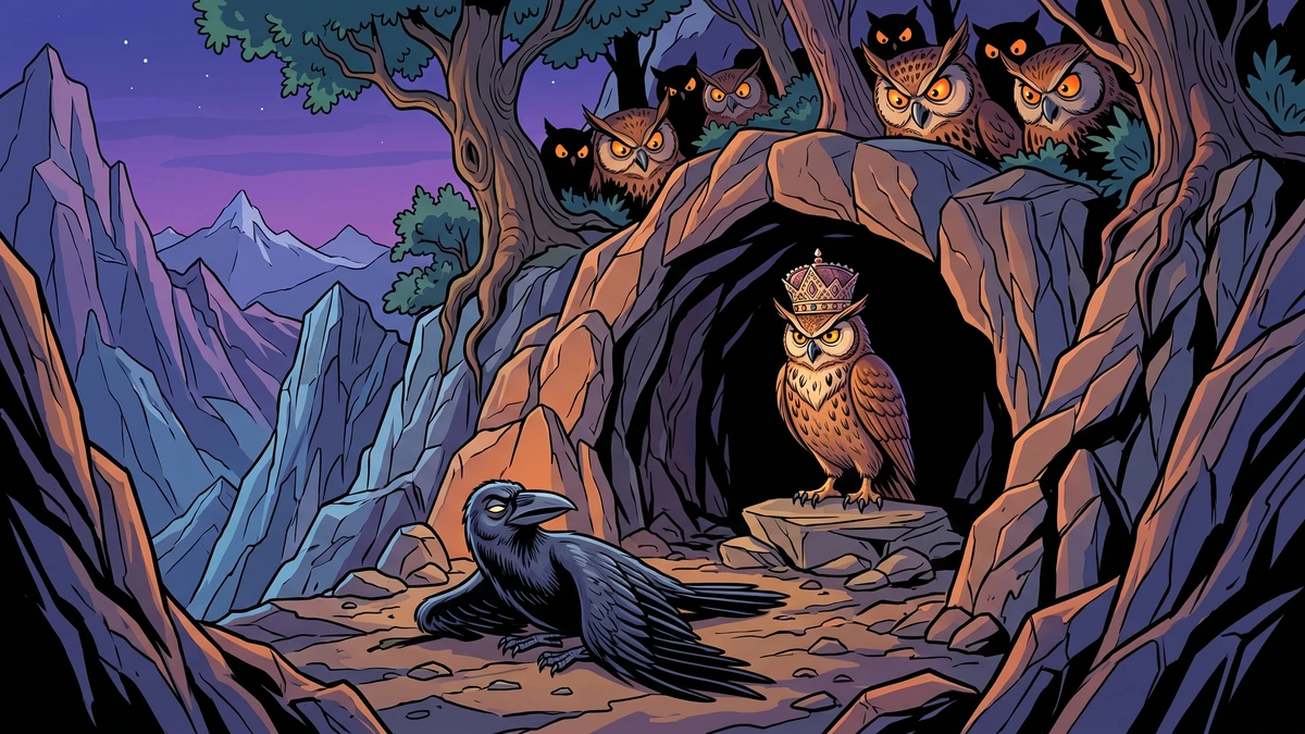 Spy crow Sthirajiva feigns injury at the entrance of the owl mountain cave — ACK style
