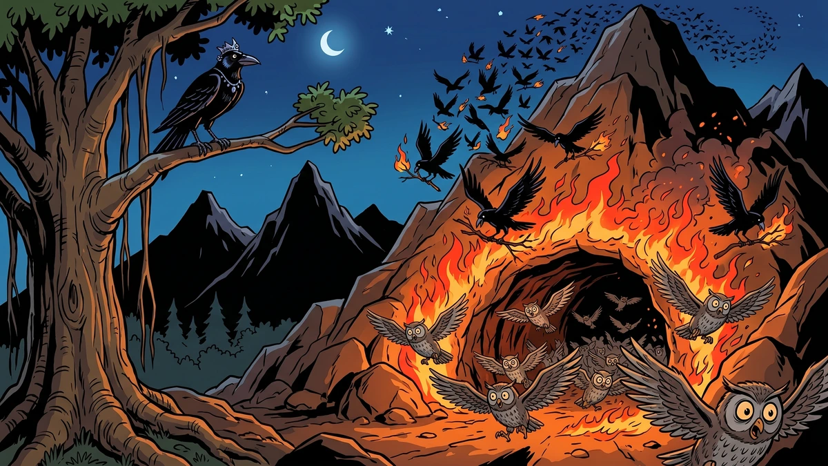 Crows rain burning twigs onto the owl cave entrance as owls flee in panic — ACK Panchatantra