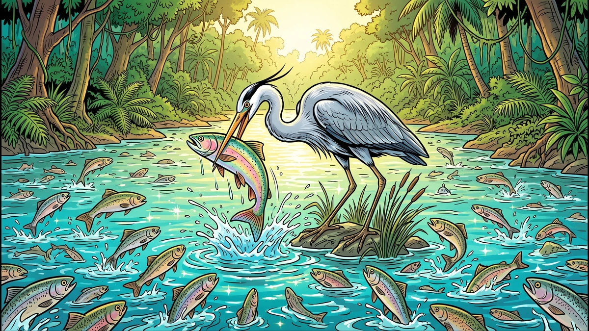 Heron spears a fish in an abundant full river — ACK comic style Panchatantra