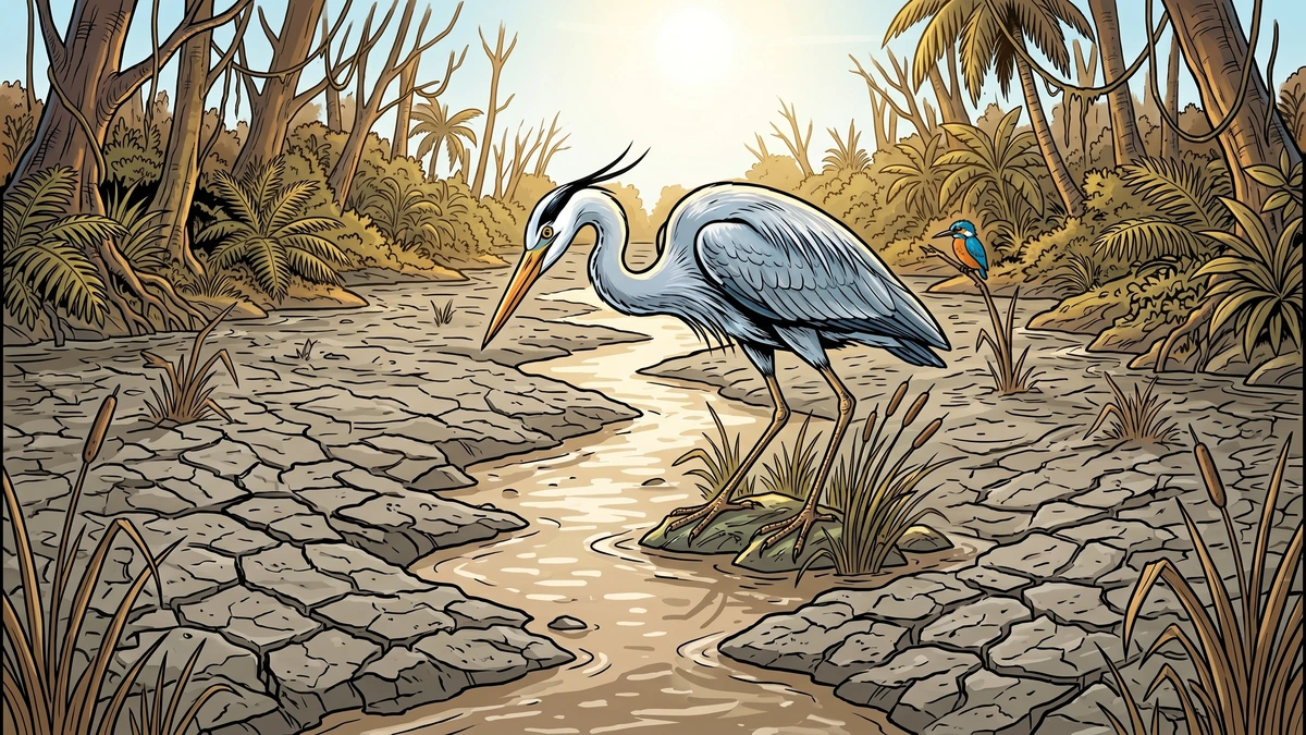 Heron stands in a drought-shrunken cracked riverbed confused and hungry — ACK style