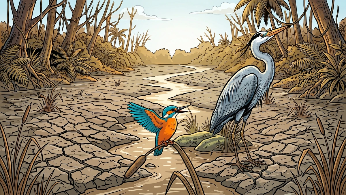 Vivid kingfisher offers advice to the dismissive heron at the dry riverbed — ACK Panchatantra