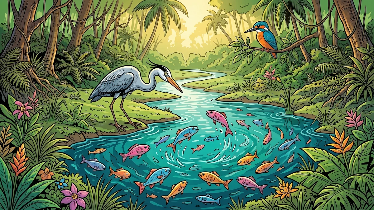 Humbled heron discovers a fish-filled hidden pool as the kingfisher watches triumphantly — ACK style