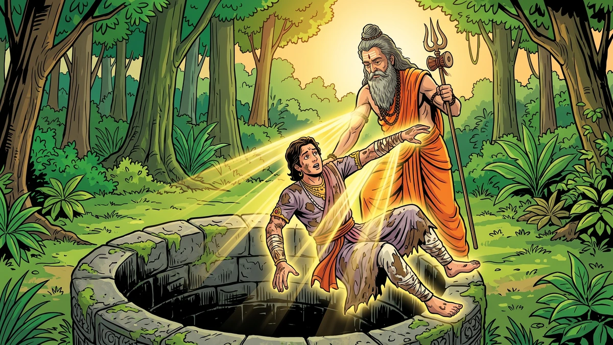 Guru Gorakhnath pulls Prince Puran from the well with divine healing light