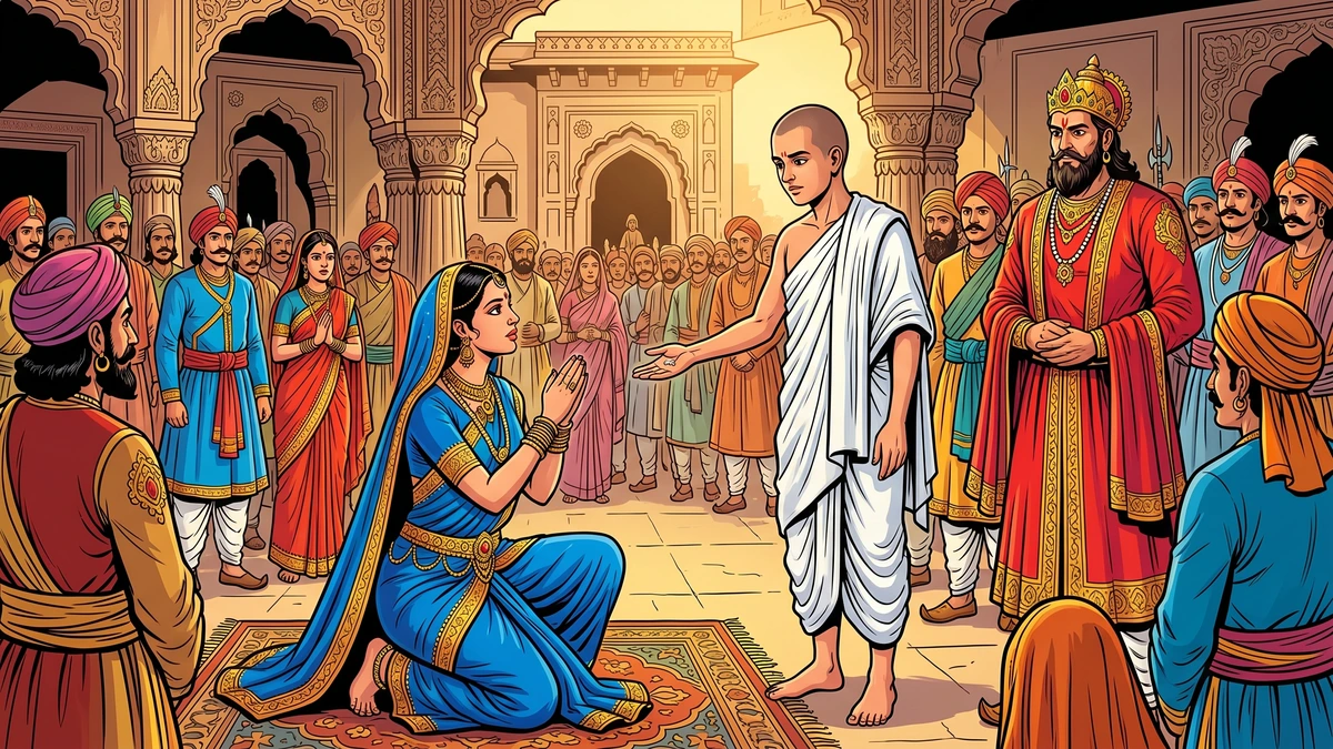 Queen Lona kneels before Puran Bhagat receiving a grain of rice as prophecy