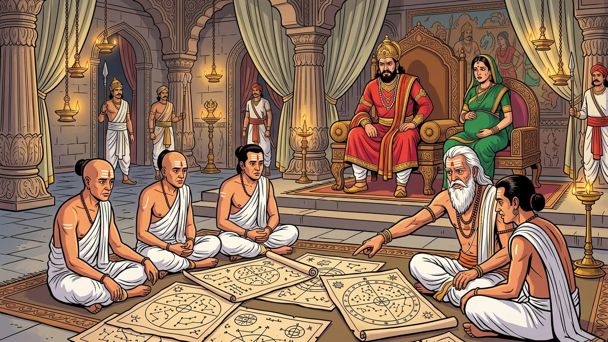 Brahmin astrologers read star charts before King Salbahan and Queen Lona