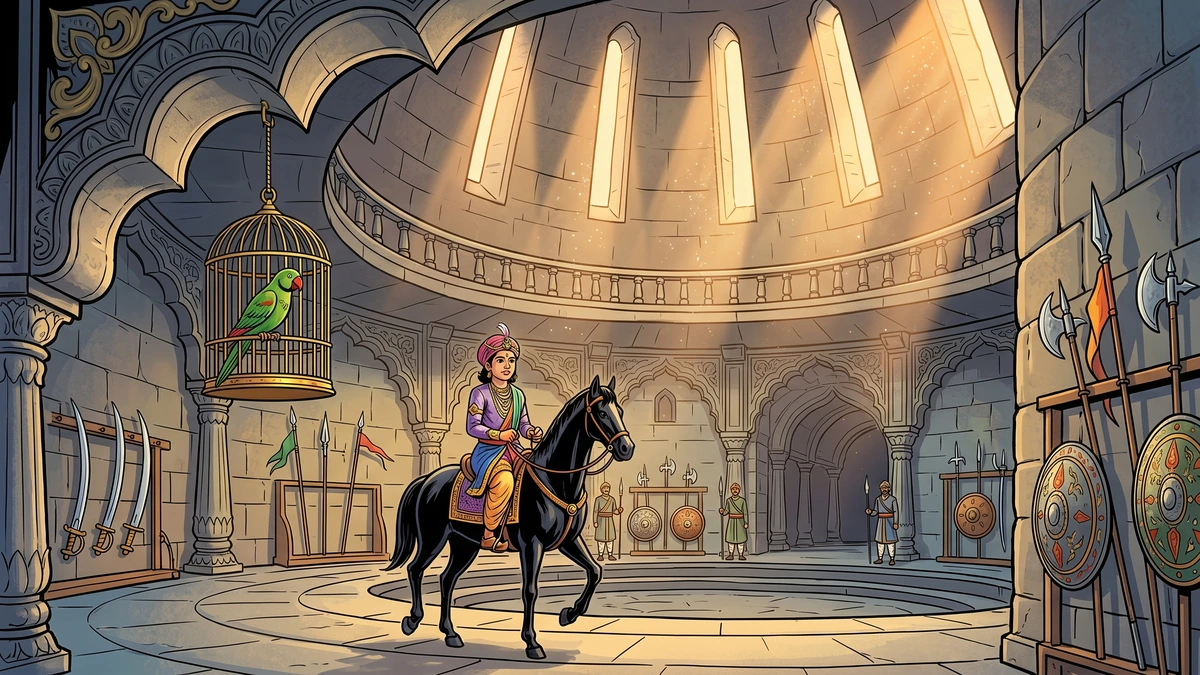 Young Prince Rasalu rides his black horse in the underground stone chamber