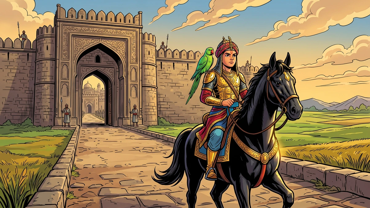 Raja Rasalu in golden armour rides black horse Bhaunr Iraqi out of Sialkot gate, green parrot on shoulder — ACK illustration