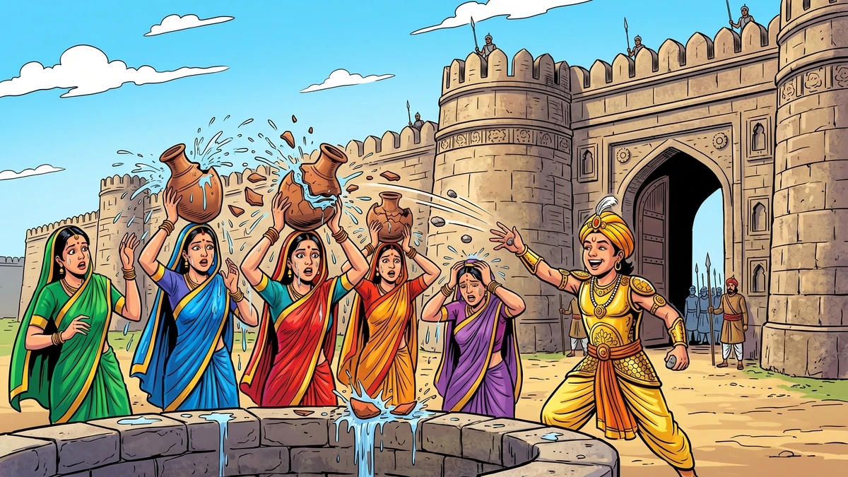 Women at Sialkot well with clay pitchers shattering as young Rasalu flings stones — ACK illustration