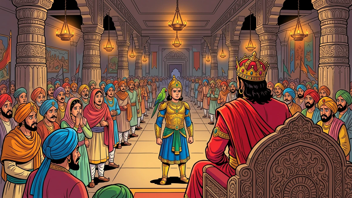 Rasalu stands in Sialkot audience hall as King Salbahan turns his back; shocked courtiers watch — ACK illustration