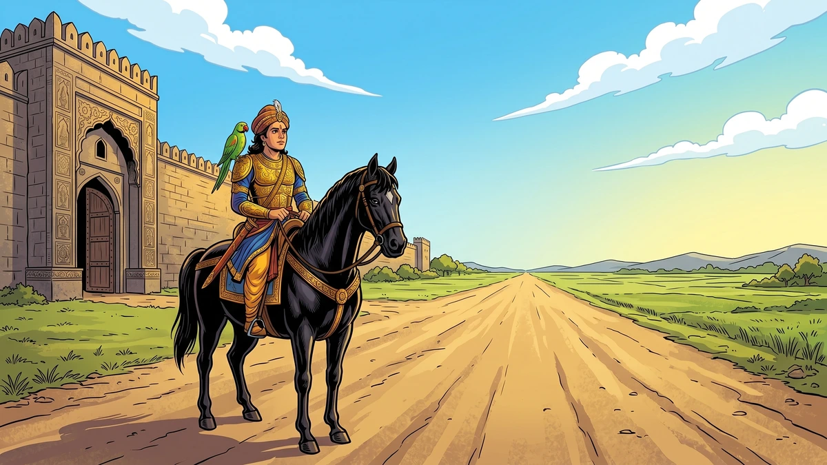 Rasalu rides alone on wide dusty Punjab road east from Sialkot, green parrot on shoulder, low hills ahead — ACK illustration