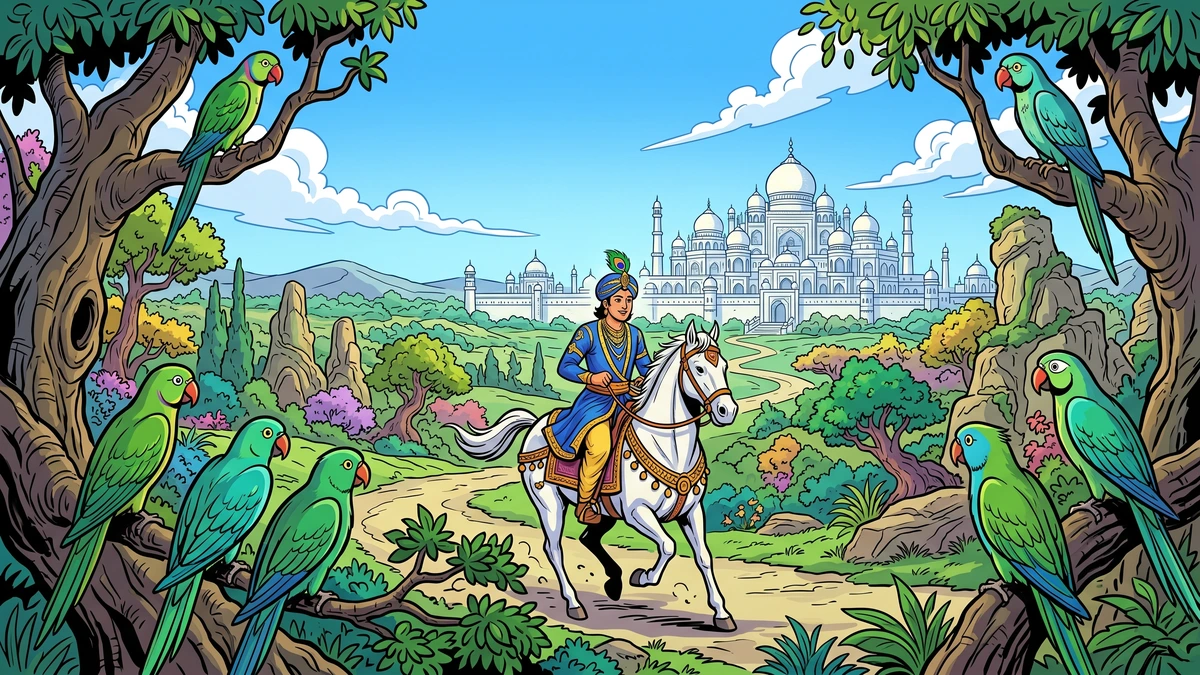 The Raja's son rides through a magical landscape with parrots and a marble palace
