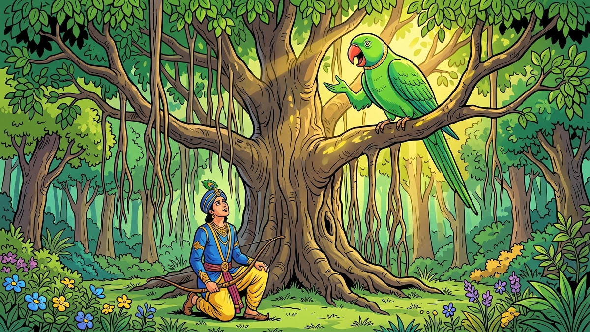 The prince kneels under a peepul tree as Hiraman the parrot speaks to him from above
