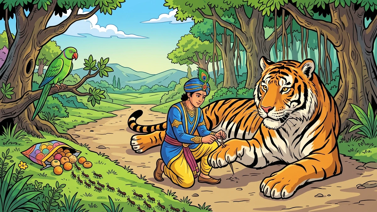 The prince removes a thorn from a tiger's paw while ants eat his sweetmeats