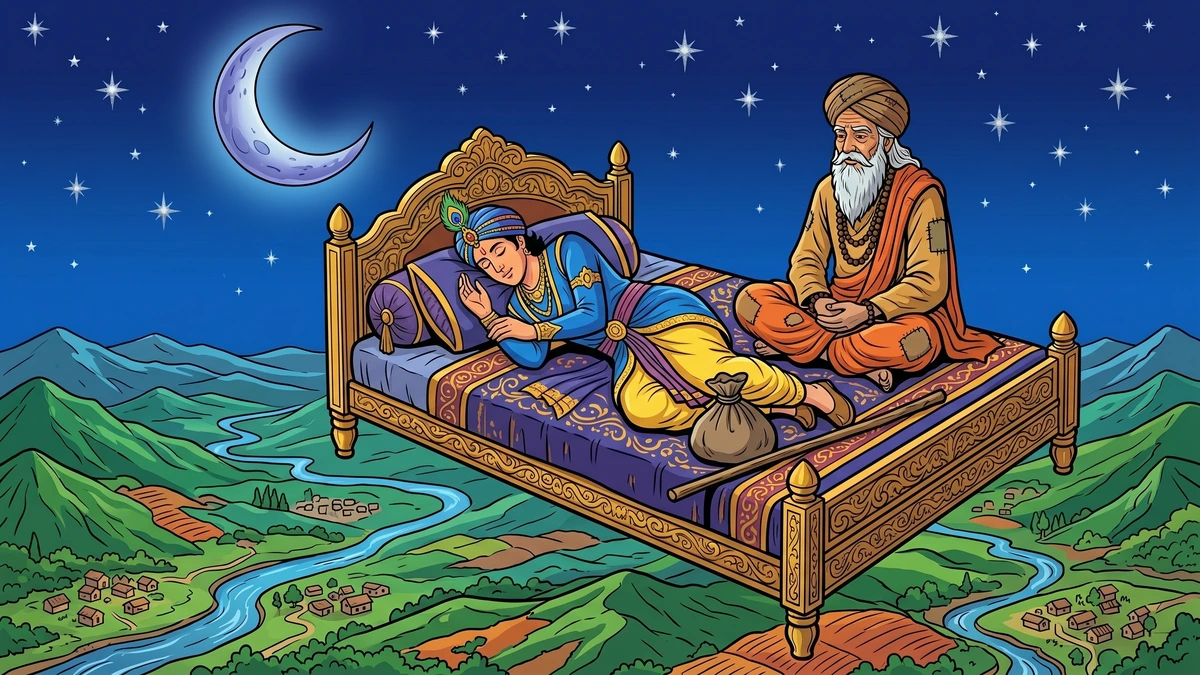 The prince flies on a magical bed through the moonlit sky with the old fakir