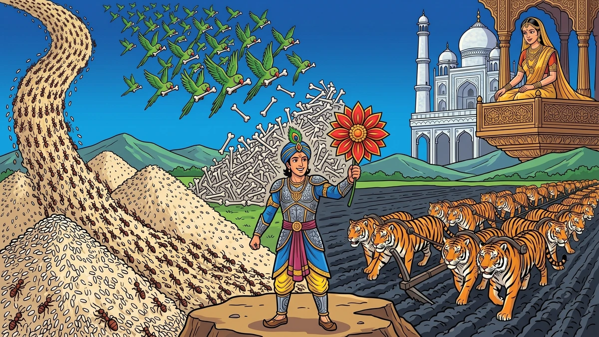 The triumphant prince holds a flower as ants, parrots, and tigers complete the four tasks; Princess Labam watches from her balcony