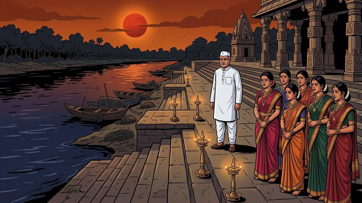 South Indian government collector arrives at Jwaala Ghat river ghat at eerie dusk, ACK style