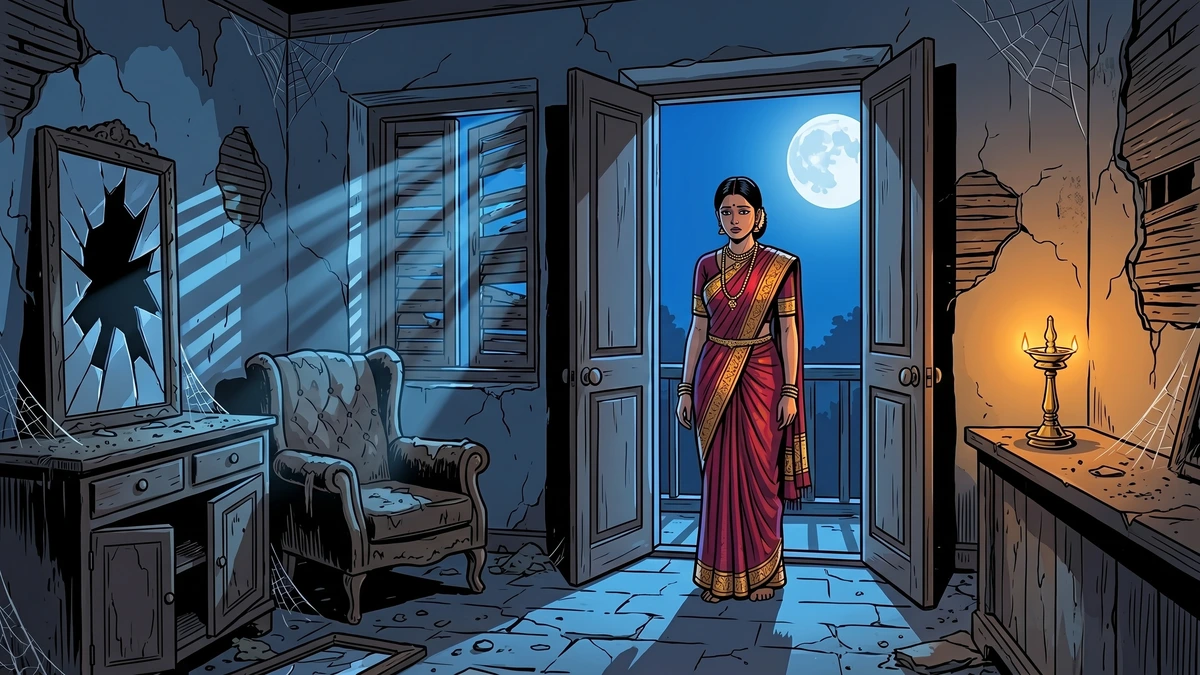 Devadasi woman in silk sari stands in moonlit doorway of crumbling colonial bungalow, ACK style