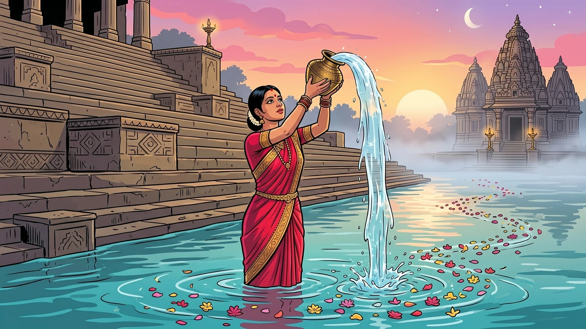 South Indian woman performs shuddhi ritual in river at dawn, ACK style