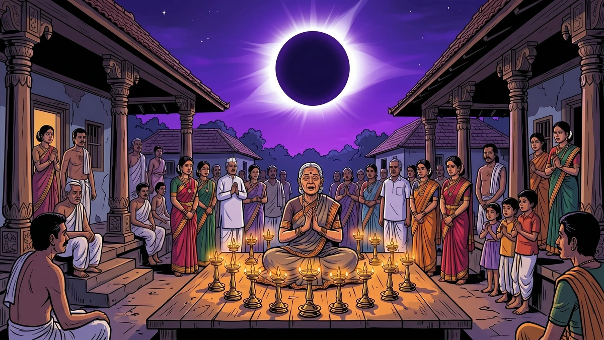 Total solar eclipse over South Indian village, elderly woman singing on porch, ACK style