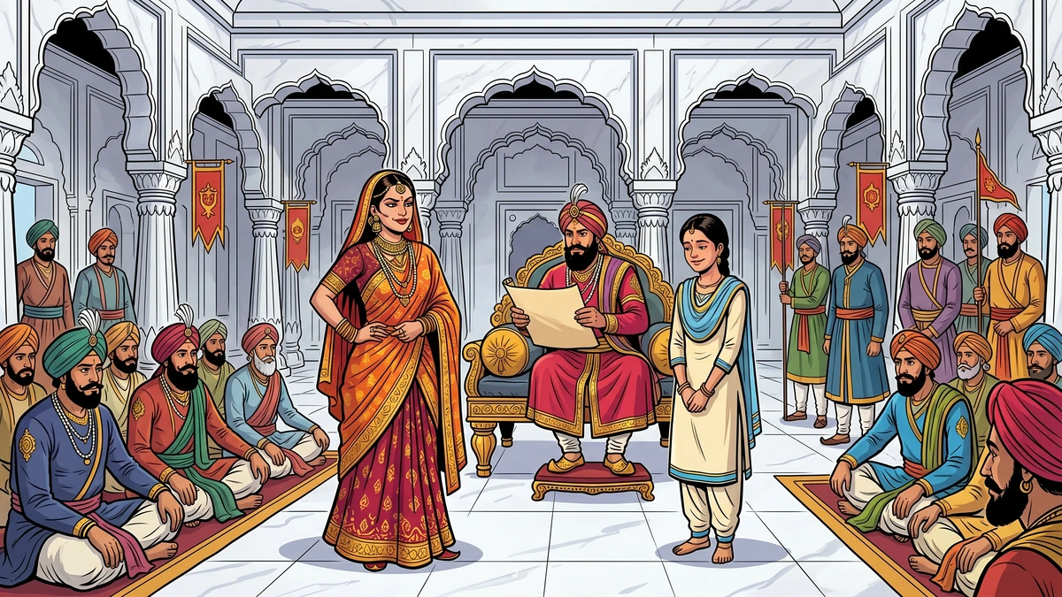 Two Punjabi princesses stand before their seated Raja father in white marble court, ACK style