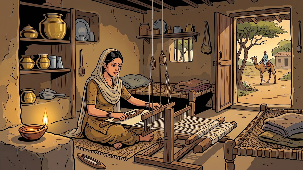 Young Indian woman weaves at handloom in humble fakir hut with earthen lamp, ACK style