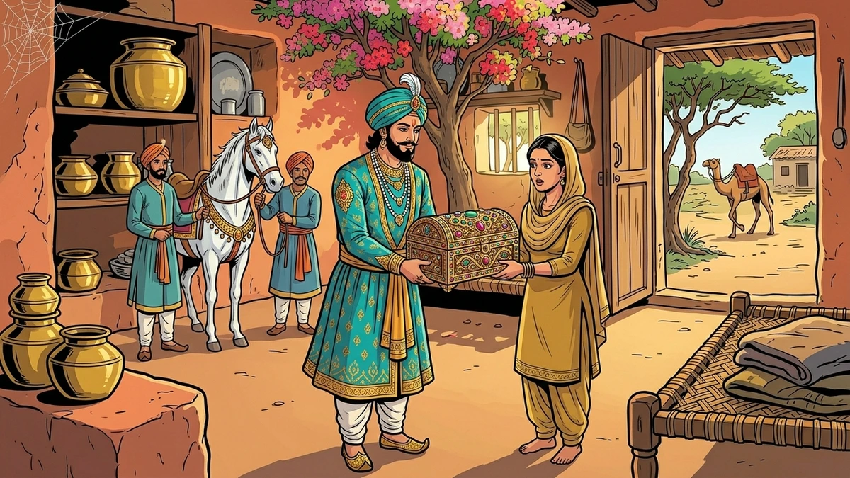 Indian man presents jewelled casket gift to woman at humble house, Punjabi folklore ACK style