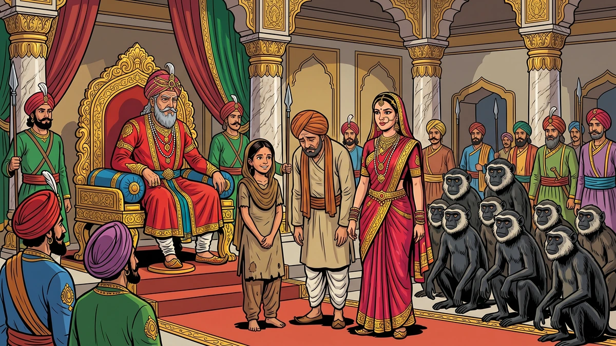 Triumphant reunion of Punjabi prince and princess in royal court with monkeys, ACK style