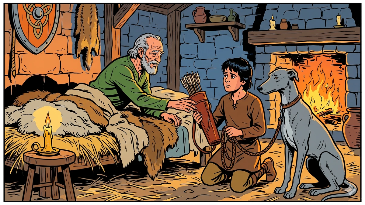 The elderly huntsman on his deathbed giving his son the magical quiver and hound
