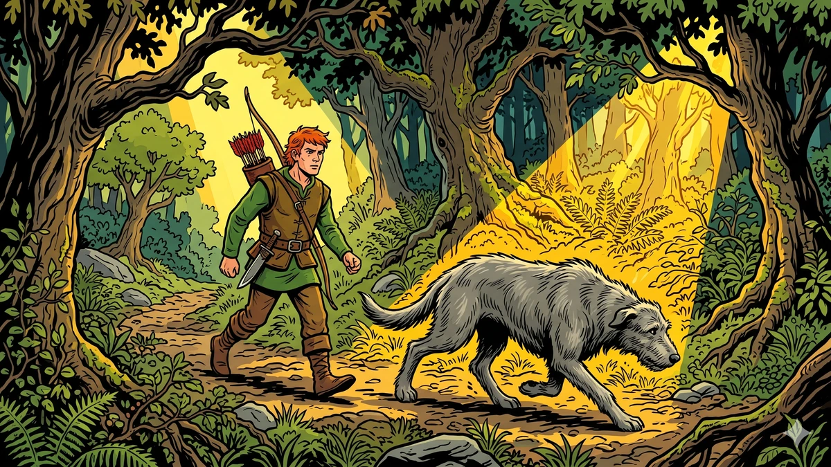 The huntsman's son walking through the ancient Irish forest with his wolfhound Bran