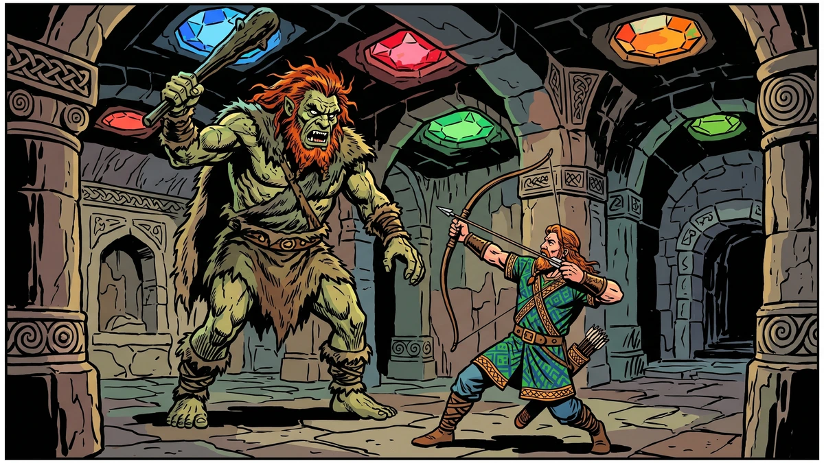 The hero battling the giant in the gem-lit underground Otherworld palace