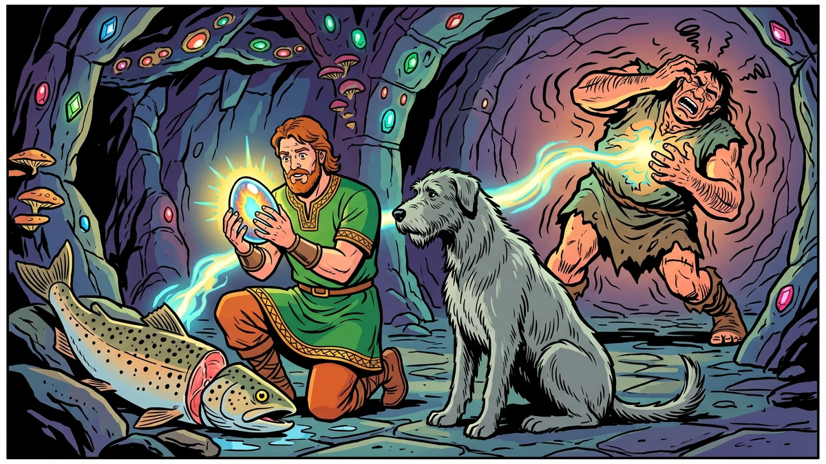The hero discovering the glowing egg containing the giant's external soul