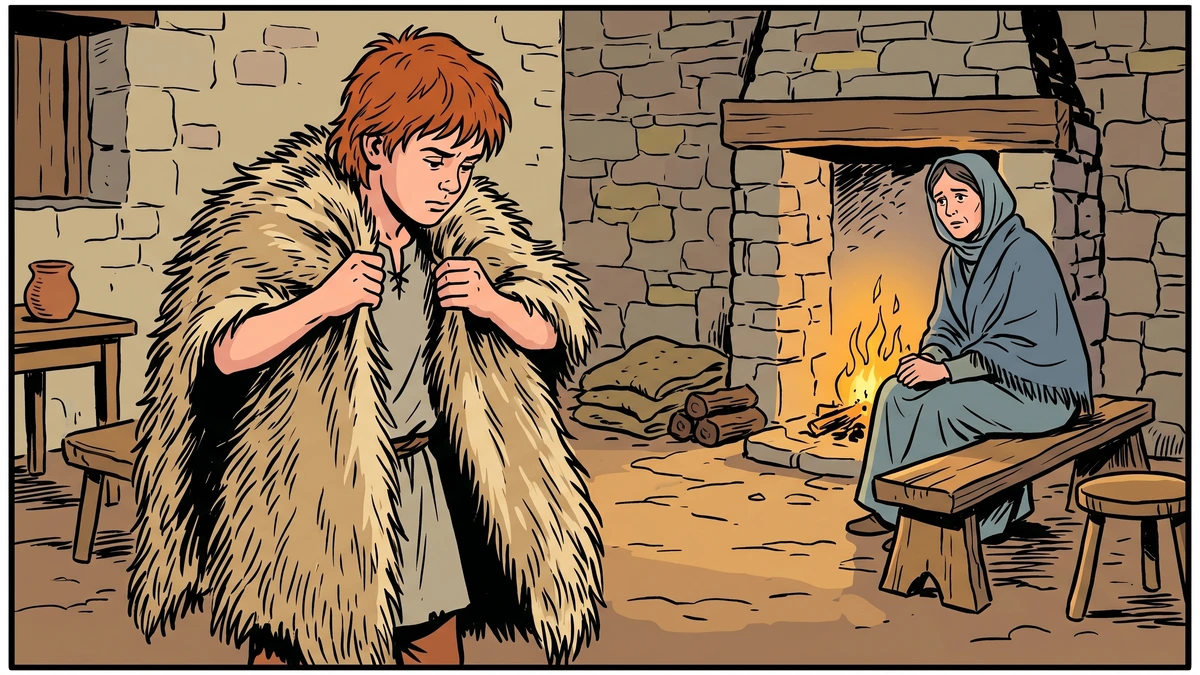 The lad wrapping himself in the goat-skin while his widow mother watches by the fire