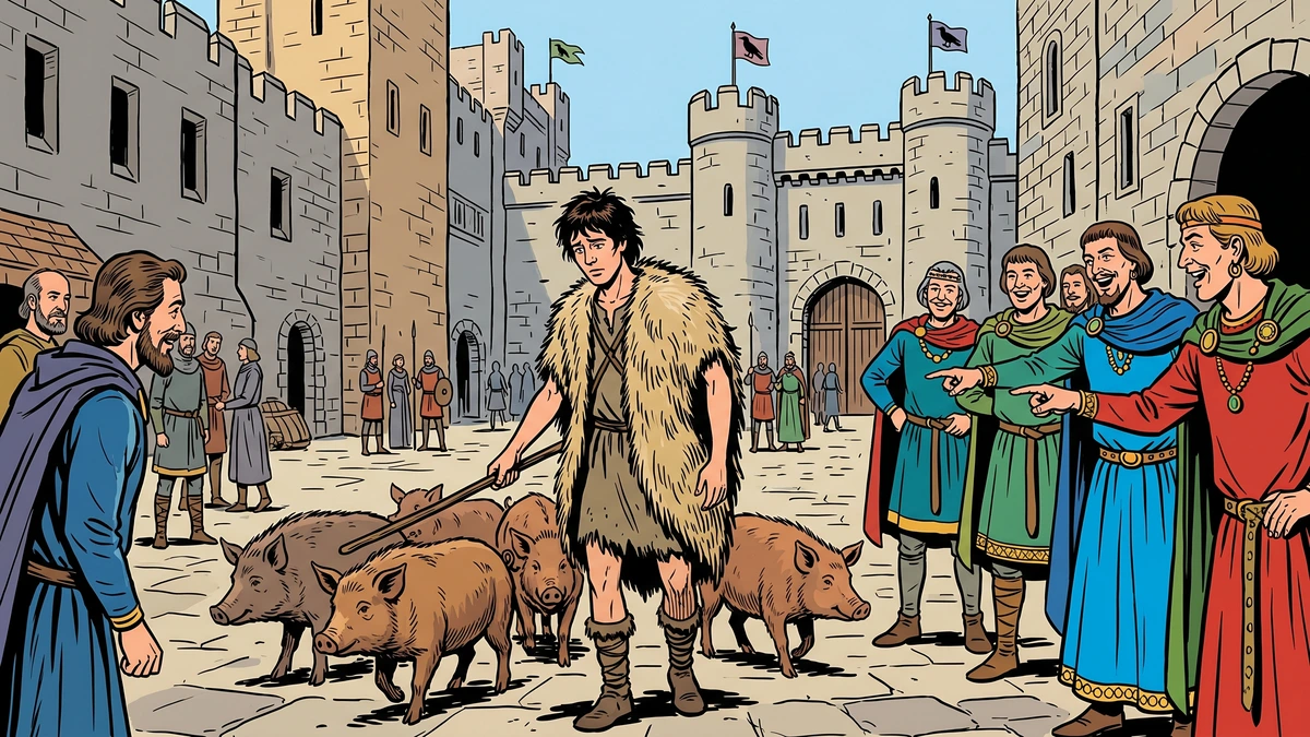 The goat-skin lad herding swine in the king's courtyard while nobles mock him