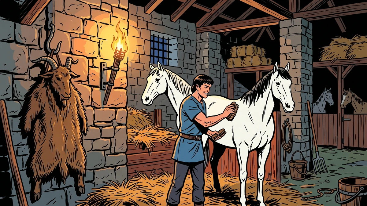 The hero secretly revealed as a handsome youth grooming a white horse by torchlight