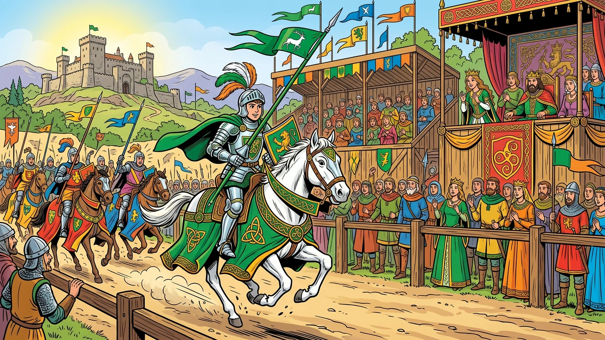 The hero in gleaming armour riding at the tournament past astonished rival knights