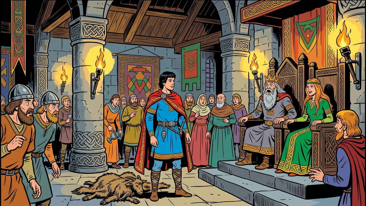 The hero revealed to the stunned king's court as the true champion, princess joyful beside him