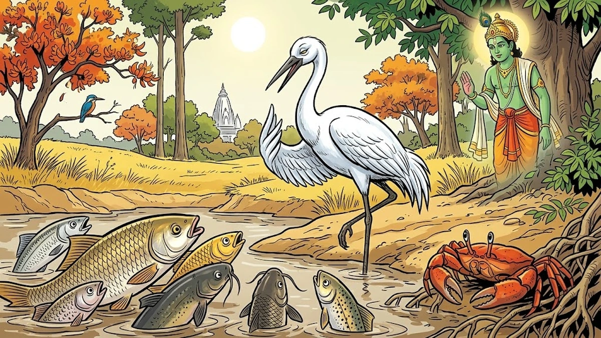The white crane preaches his sweet lie of a faraway five-petalled lotus pond to the trusting silver-and-gold fish